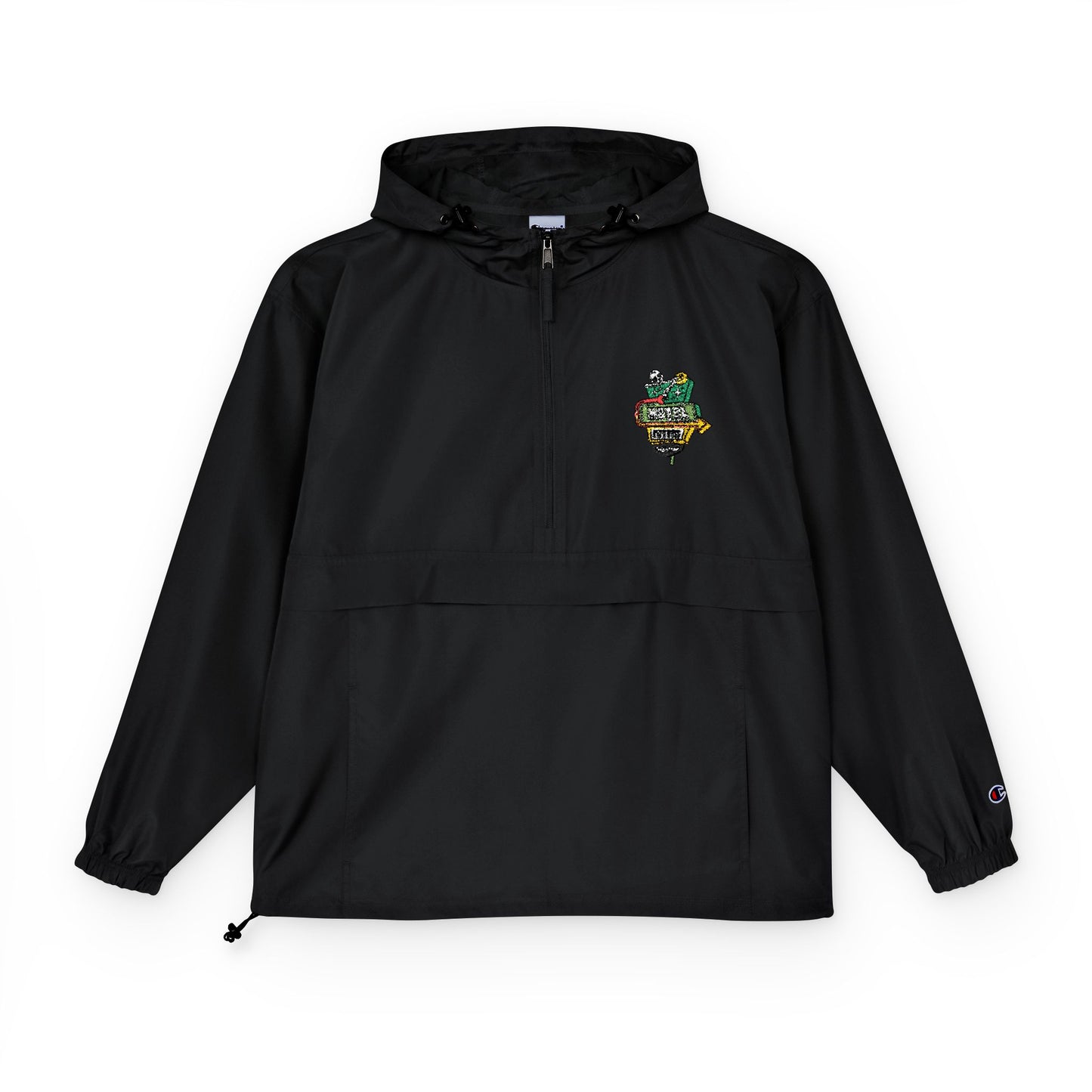 Black Packable Anorak Jacket with Colorful Floral Crest