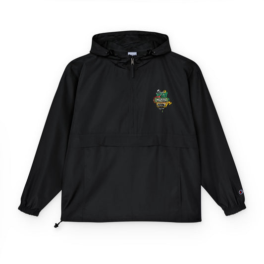 Black Packable Anorak Jacket with Colorful Floral Crest