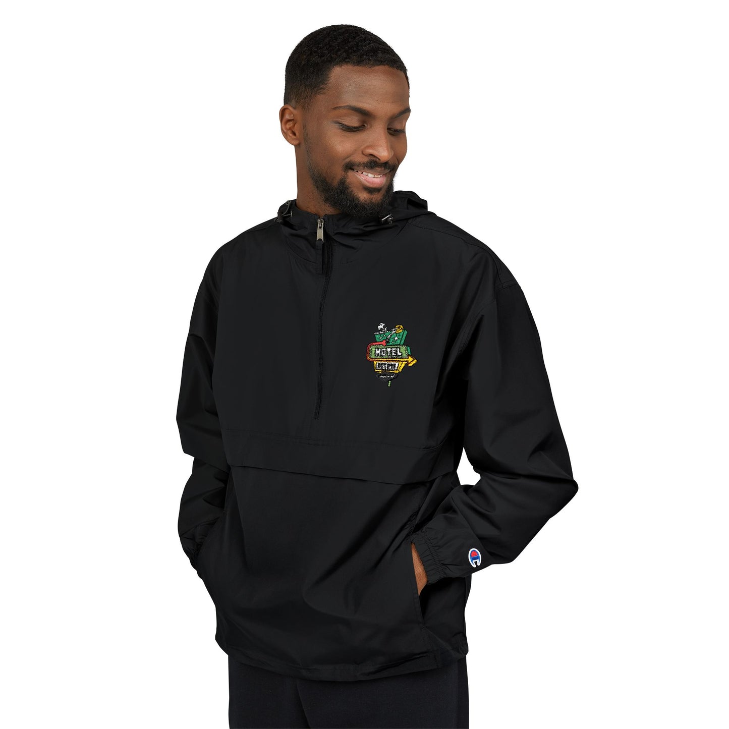 Black Packable Anorak Jacket with Colorful Floral Crest