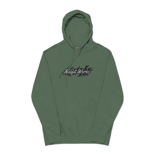 Pigment-Dyed Hoodie — 'Good Vibes' Distressed Script Pullover